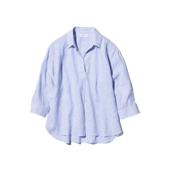 UNIQLO Blue Striped Linen Shirt Skipper Collar size XS - Picture 2 of 6